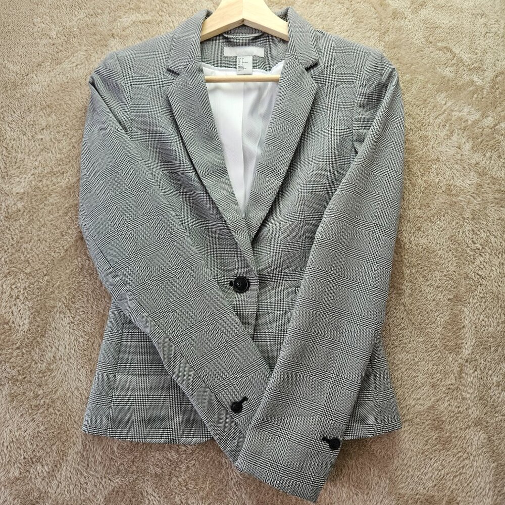 H&M Gray Houndstooth Plaid Blazer Jacket Button Front Women's Size 6